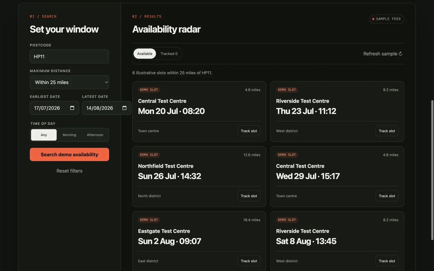TestSlot Radar responsive demo showing availability filters and illustrative slots on desktop.